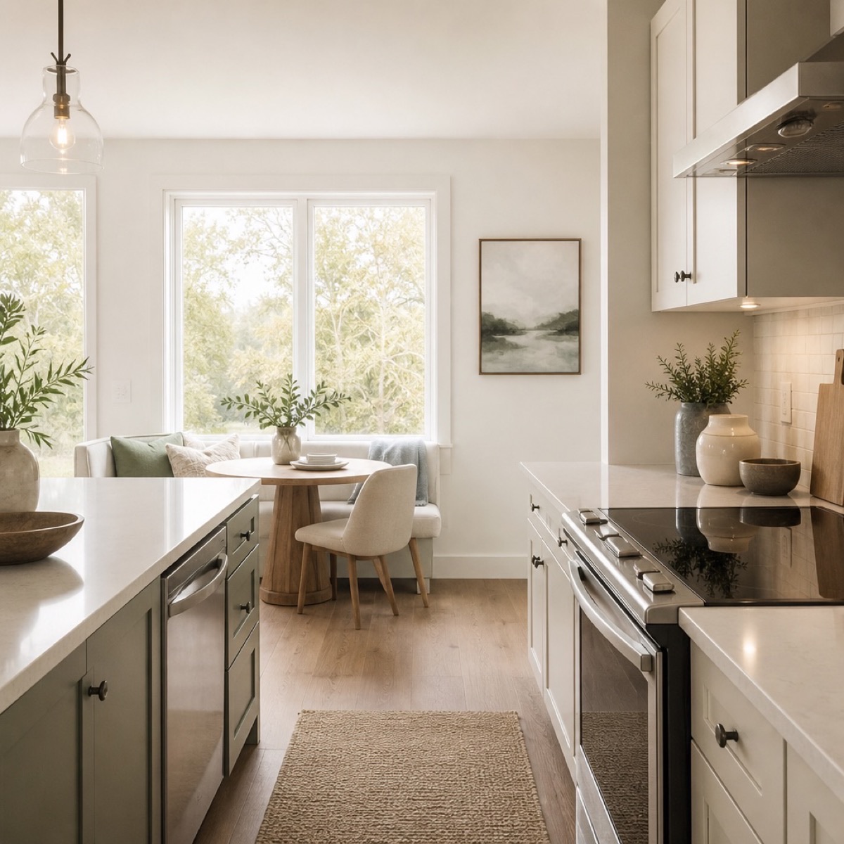 Modern apartment kitchen with quartz countertops and stainless appliances