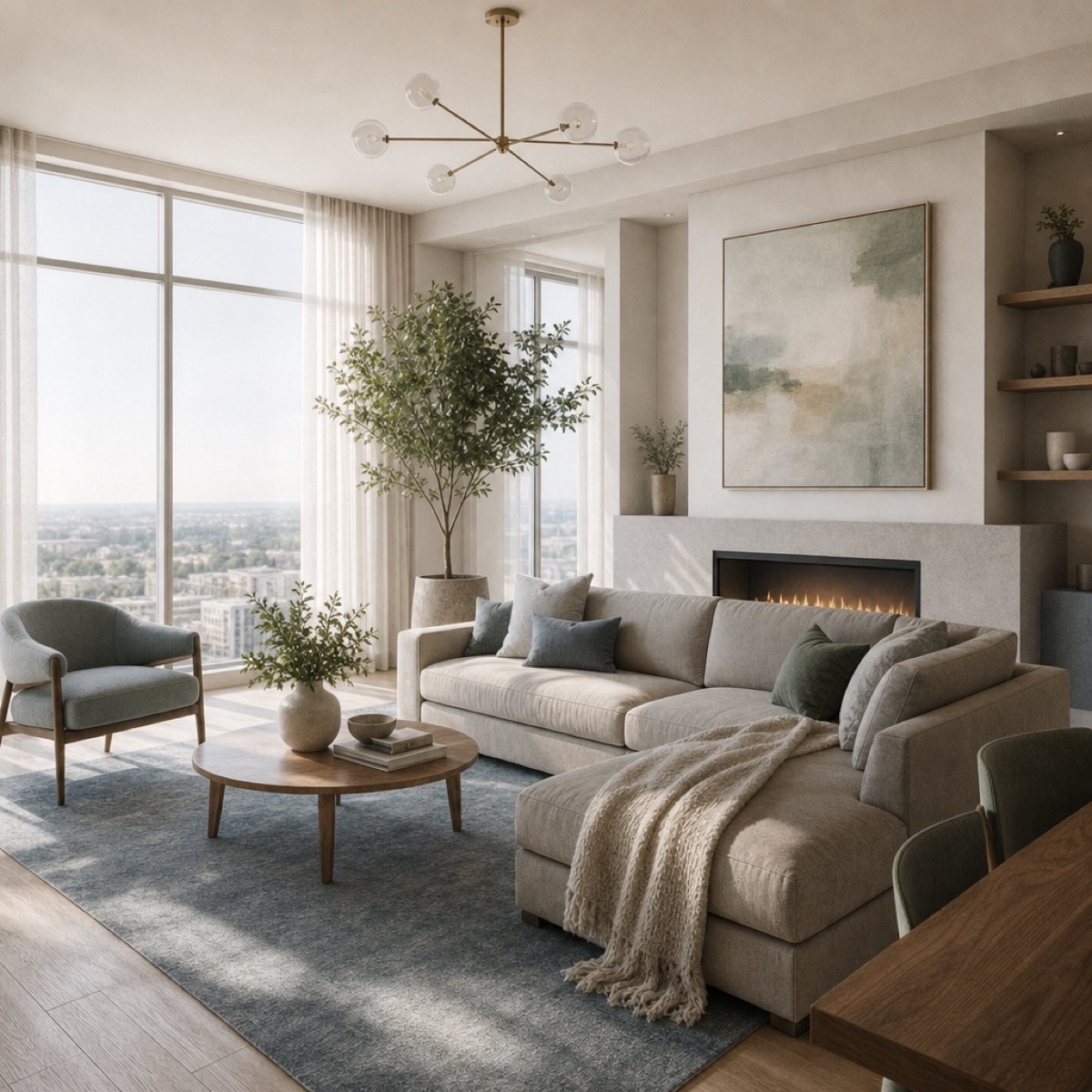 Bright contemporary apartment living room with floor-to-ceiling windows at Haven at City Center