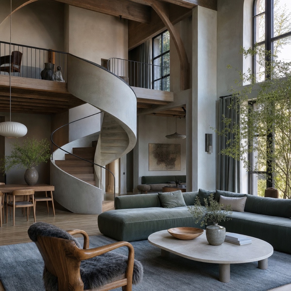 Two-level loft apartment with a spiral staircase and vaulted ceiling at Haven at City Center