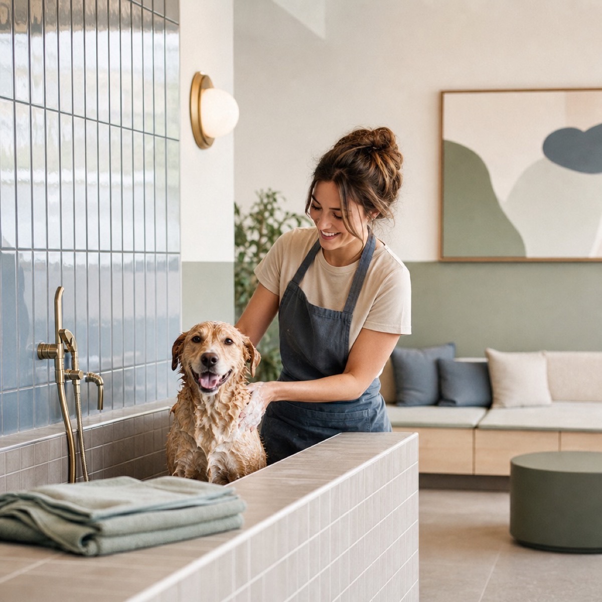 A dog being groomed at the on-site pet spa at Haven at City Center